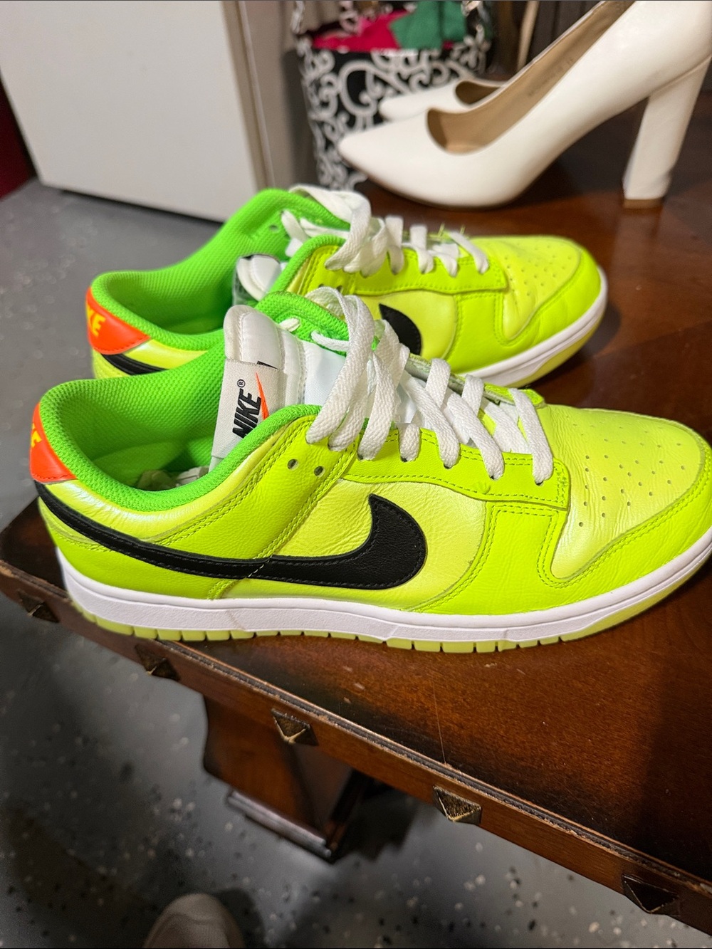 Nike men’s Neon Yellow-Green Low-Top Sneakers with Black Swoosh